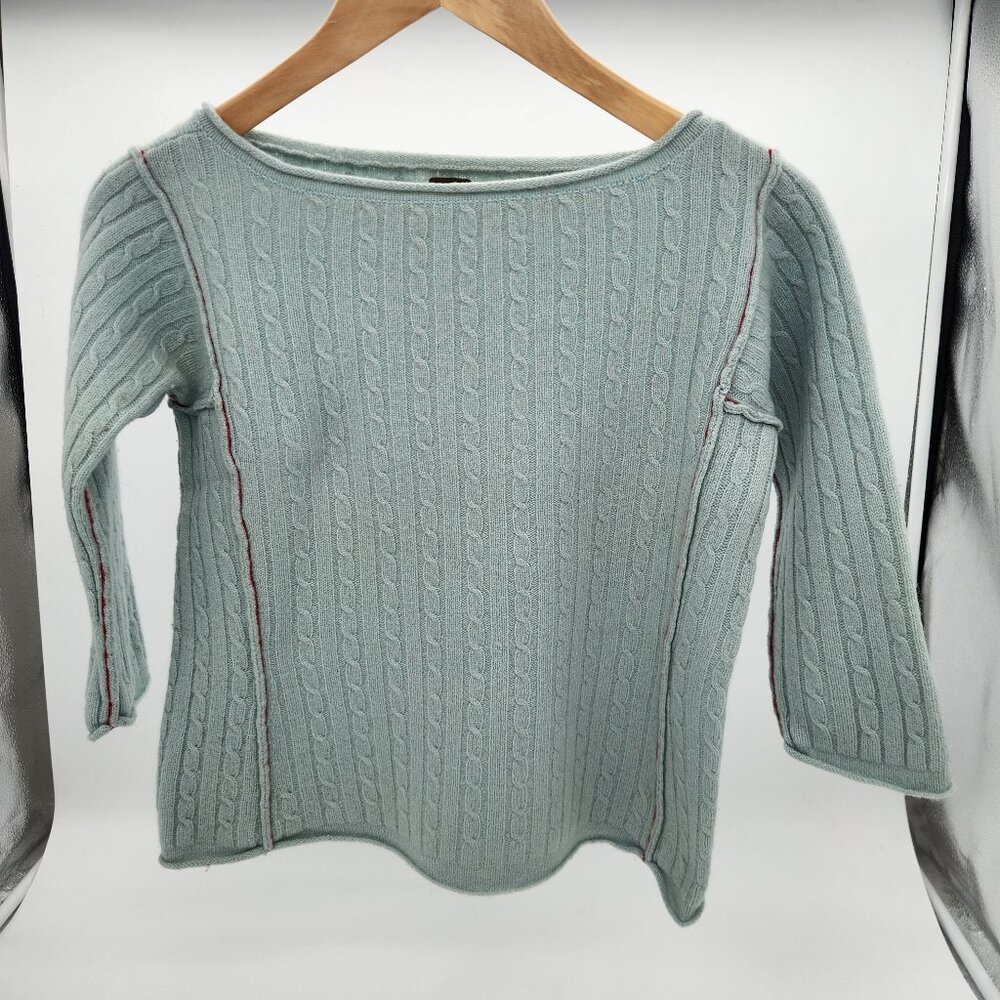 Free People light blue women's cable sweater with red stitching, size M